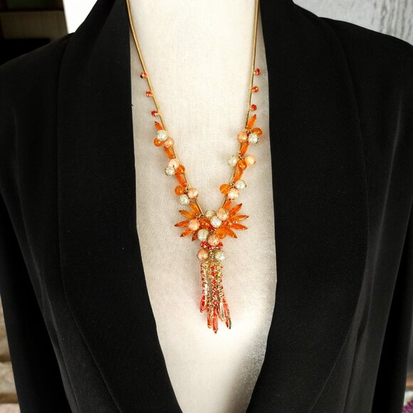 Vintage D and E Juliana Orange Rhinestone and Bead Dangle Necklace & Earring Set - Picture 4 of 8